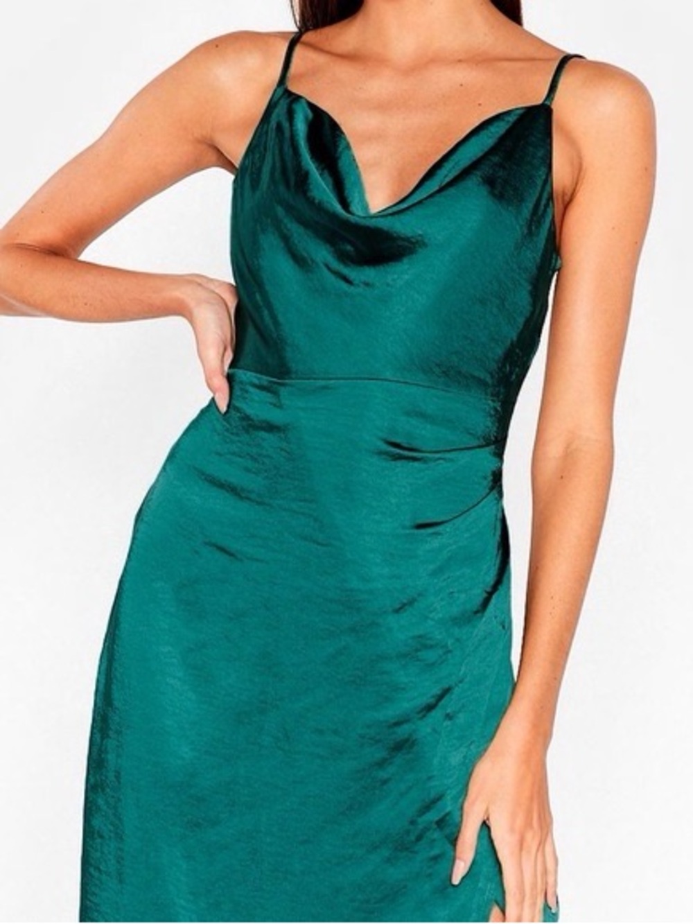 Emerald Satin Cowl Neck High-Slit Evening Dress - Picture 3 of 4